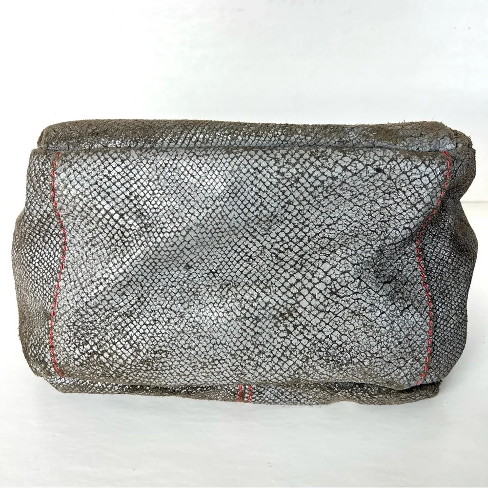 LIEBESKIND Berlin Gray Snake Print Leather Red Stitching Flap Shoulder Bag Tote